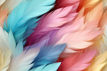 Fototapeta na wymiar Colorful feathers, feather pattern in soft colors. Bright background. Generated by artificial intelligence