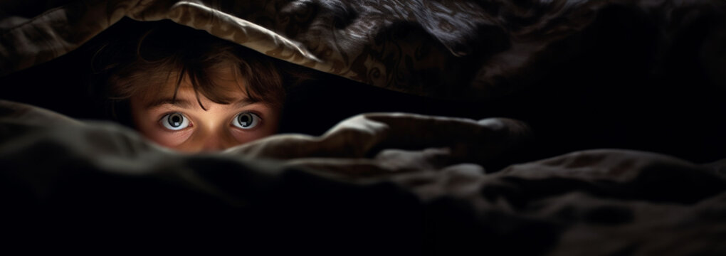 Child hiding under blankets. Boy is afraid of dark and monsters under bed. Child sitting on bed, hiding in blanket and shaking. Children phobias concept. Frightened and terrified kid.