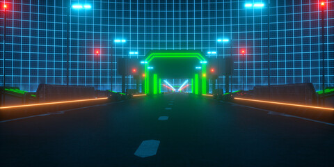 Neon cyberpunk futuristic highway road at night with tunnel glowing with green neon light against the background of blue luminous checkered sky. Futuristic 3d illustration. - obrazy, fototapety, plakaty
