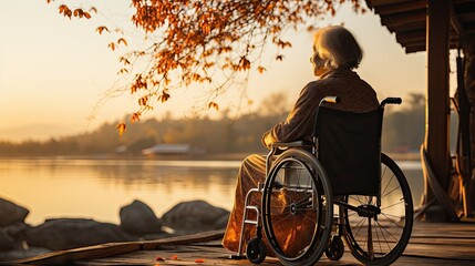 Old woman sitting on wheelchair thiking of her family - obrazy, fototapety, plakaty