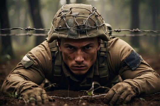 Soldier crawling under barbed wire, obstacle course, boot camp.