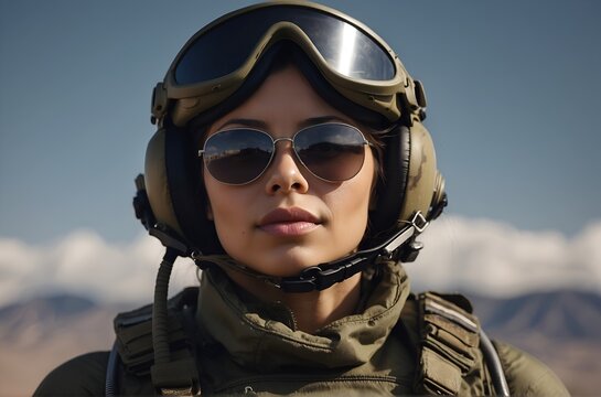 Military fighter jet woman pilot portrait, copyspace.