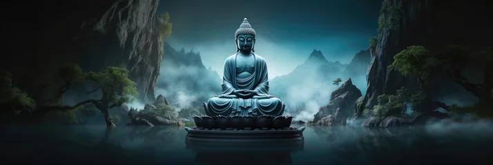  Medtitative Zen buddha statue on water backgorund. © Jasmina