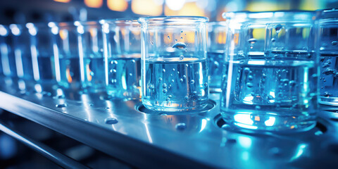 Blue liquid being analyzed in a chemical lab
