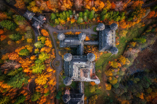 Castle in Lapalice, surrounded by Kashubian forests and lakes at autumn, Poland