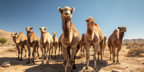 Camels standing in a row in the midst of a desert