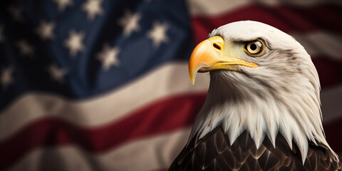 Bald eagle positioned beside an American flag