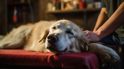 Dog Massage Therapy Techniques. Relaxed dog laying on massage table. Calming dog gets treatment. How to Massage Dog for Relaxation, Mobility, Longevity - obrazy, fototapety, plakaty