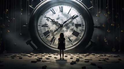 woman standing in front of a large clock illustrating passage of time - obrazy, fototapety, plakaty