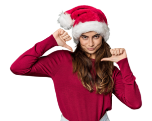 Caucasian woman in Christmas attire and Santa hat feels proud and self confident, example to follow.