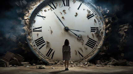 woman standing in front of a large clock illustrating passage of time