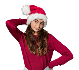 Caucasian woman in Christmas attire and Santa hat touching back of head, thinking and making a choice.