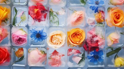 Many frozen flower in ice background. Frozen fresh beautiful rose flower in the ice. Thawing flower. Frozen Floral background.