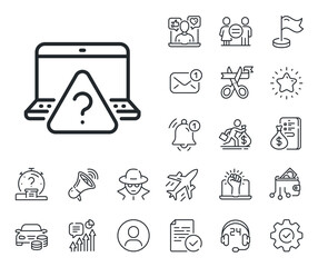 Quiz sign. Salaryman, gender equality and alert bell outline icons. Online question line icon. Outsource support symbol. Online question line sign. Spy or profile placeholder icon. Vector