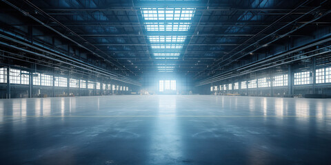 Looking straight ahead from inside a warehouse during the day