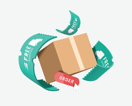 green free shipping promotional label floating in mid-air around parcel box or cardboard box and has an order button in middle