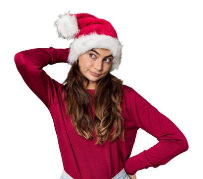 Caucasian woman in Christmas attire and Santa hat touching back of head, thinking and making a choice. - Powered by Adobe