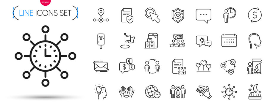Pack of Messenger mail, Insurance policy and Dollar exchange line icons. Include Station, Head, Online voting pictogram icons. Calendar, Love heart, Clapping hands signs. Painter. Vector