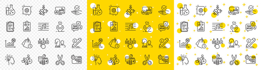 Outline Chemistry flask, Budget accounting and Quick tips line icons pack for web with Chess, Correct checkbox, Report line icon. Edit, Block diagram, Time management pictogram icon. Vector