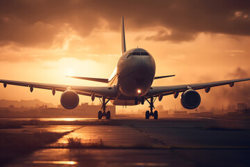Fototapeta na wymiar airplane landing at sunset. 