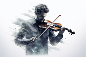 Double exposure photography of musician and melody violin, on white background