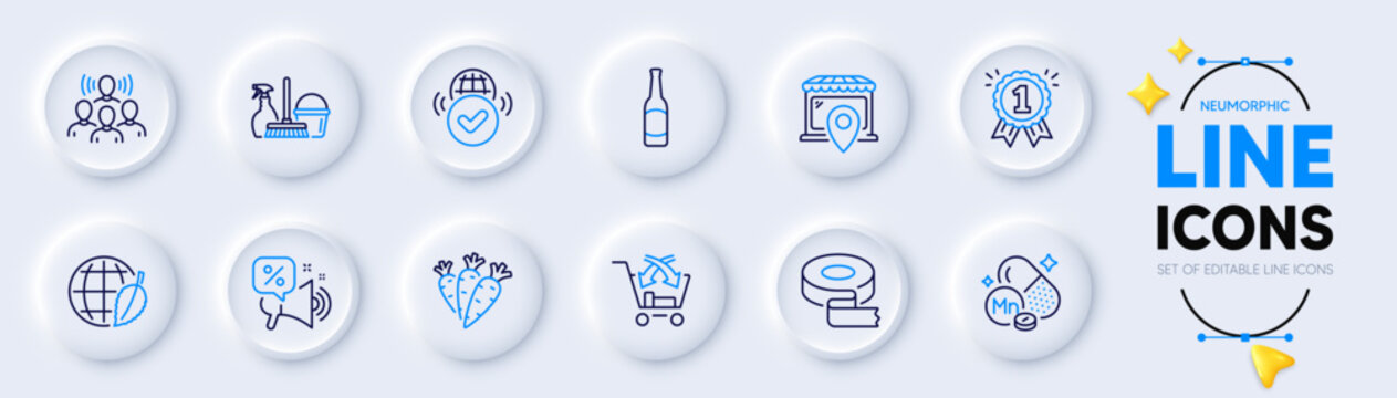 Beer, Discounts offer and Reward line icons for web app. Pack of Environment day, Verified internet, Market location pictogram icons. Cross sell, Household service, Carrots signs. Vector