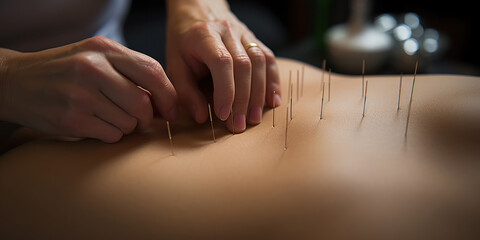 Acupuncture needles being applied to a person back - obrazy, fototapety, plakaty