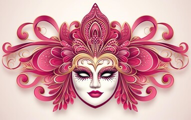 Mardi Gras poster. A banner template with a pink Venetian masquerade mask isolated on white background. Sequin mask for carnivals. Costume party outfit. Paper mache style face covering. AI Generative