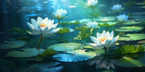 Fototapeta na wymiar Sunlit lotus flowers submerged beneath the water