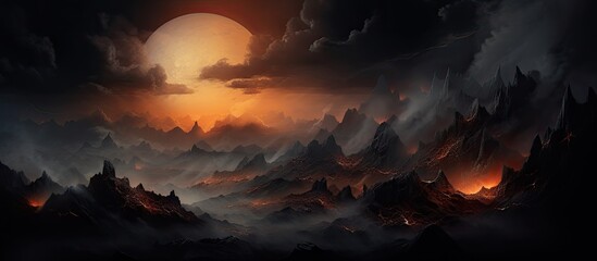 The abstract night sky was painted with shades of black and orange the landscape dominated by towering mountains The warm glow of the moon lit wood brought a sense of security while the ligh
