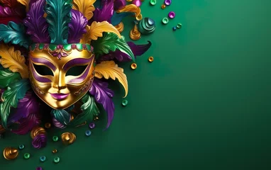 Poster Happy Mardi Gras poster. Venetian masquerade mask isolated on green background, copy space at the right. Sequin mask for carnivals. Costume party outfit. Paper mache face covering. AI Generative © your_inspiration