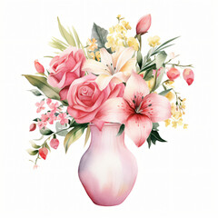 Watercolor Vase of Flower Clipart isolated on white background