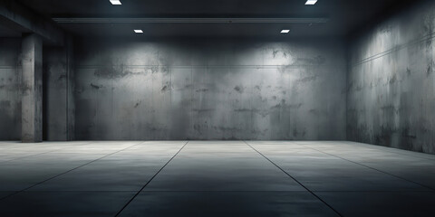 Night time view of an unlit, empty concrete room