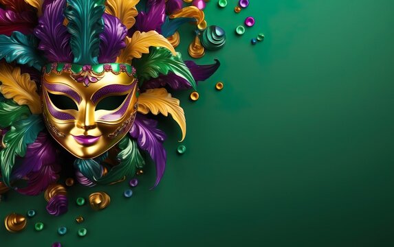 Happy Mardi Gras poster. Venetian masquerade mask isolated on green background, copy space at the right. Sequin mask for carnivals. Costume party outfit. Paper mache face covering. AI Generative