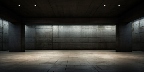 An unoccupied concrete space, darkened at night
