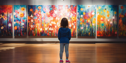 Child intently viewing paintings in an art exhibit - obrazy, fototapety, plakaty