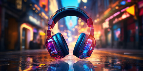 Fototapeta na wymiar Headphones emitting vibrant, colorful music