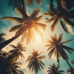 AI illustration of coconut palm trees against a blue sky background. - obrazy, fototapety, plakaty