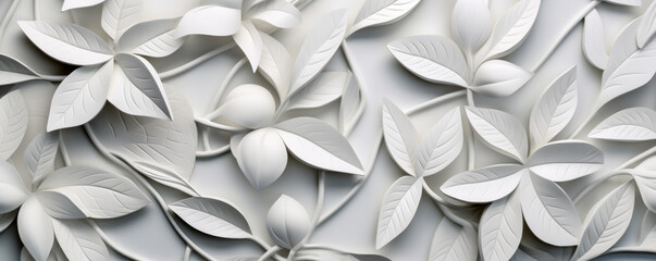 Background Banner of White 3D Tiles with Geometric Floral Leaves Texture