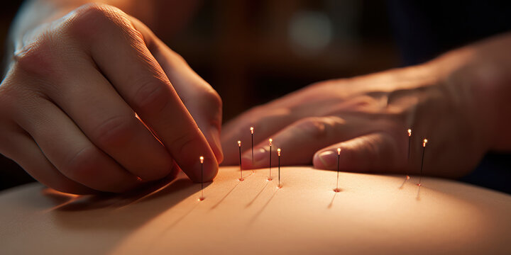 Acupuncture needles being applied to a person back