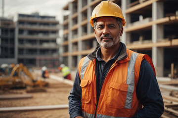 Portrait of a handsome male builder wearing an orange uniform and helmet against the background of a building under construction - obrazy, fototapety, plakaty