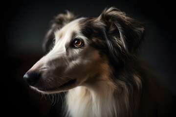 Professional studio shot portrait of a Borzoi dog on dark background