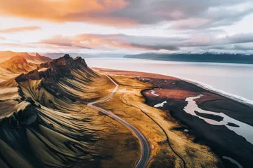 Foto op Canvas Scenic road in Iceland, beautiful nature landscape aerial panorama, mountains and coast at sunset, nordic © Jasmina