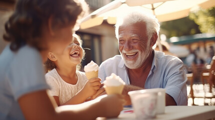 Cheerful grandfather and grandchild eating ice cream outdoors on sunny summer day at an outdoor...