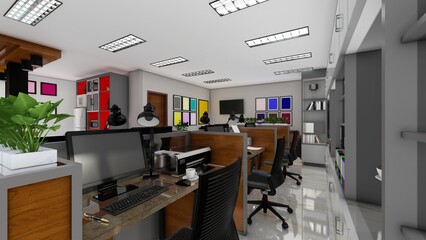 Fototapeta na wymiar Interior photography of corporate office commercial equipment in a modern minimalist design in white and gray. 3d Rendering