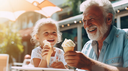 Cheerful grandfather and grandchild eating ice cream outdoors on sunny summer day at an outdoor cafe restaurant
