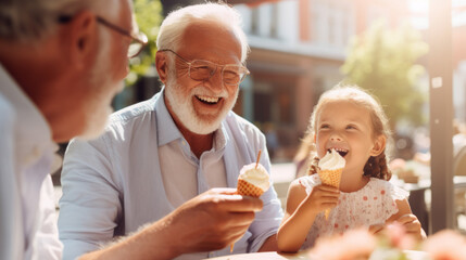 Cheerful grandfather and grandchild eating ice cream outdoors on sunny summer day at an outdoor cafe restaurant - Powered by Adobe