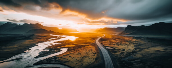 Scenic road in Iceland, beautiful nature landscape aerial panorama, mountains and coast at sunset, nordic - obrazy, fototapety, plakaty