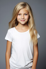 Obraz premium Female girl kid model wearing a plain white mockup t-shirt with smile and long flowing blond hair