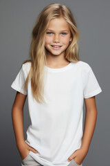 Fototapeta premium Female girl kid model wearing a plain white mockup t-shirt with smile and long flowing blond hair